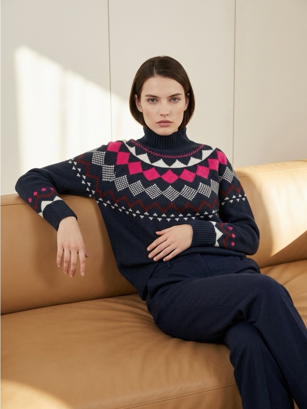 NWT Vince Camuto Women's Small Navy Pink LS Argyle Pullover Sweater